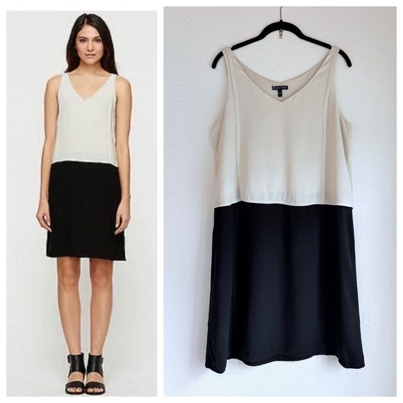 Eileen Fisher 100% Silk Colorblock Sleeveless V-Neck Dress in Bone & Black Small - Picture 1 of 10